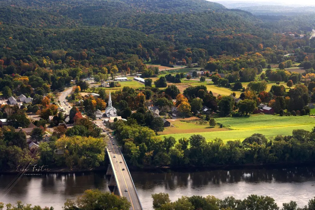 Aerial view of a river town in Massachusetts