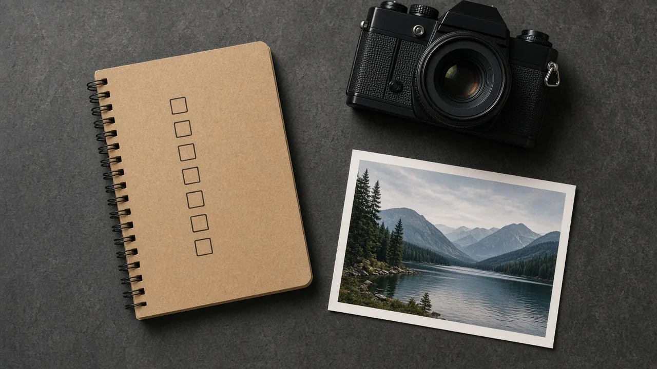 A notebook of empty checkboxes beside a camera and a print.