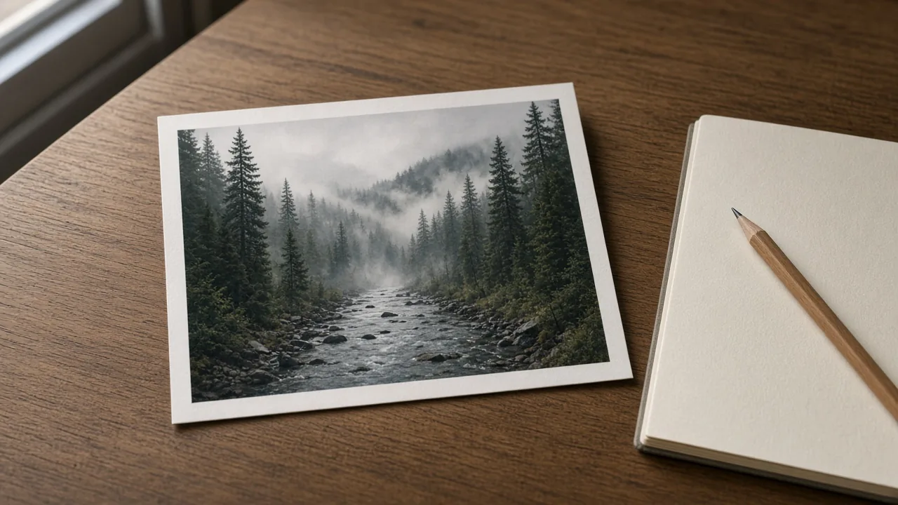 A printed nature photograph on a desk beside a pencil and a closed notebook