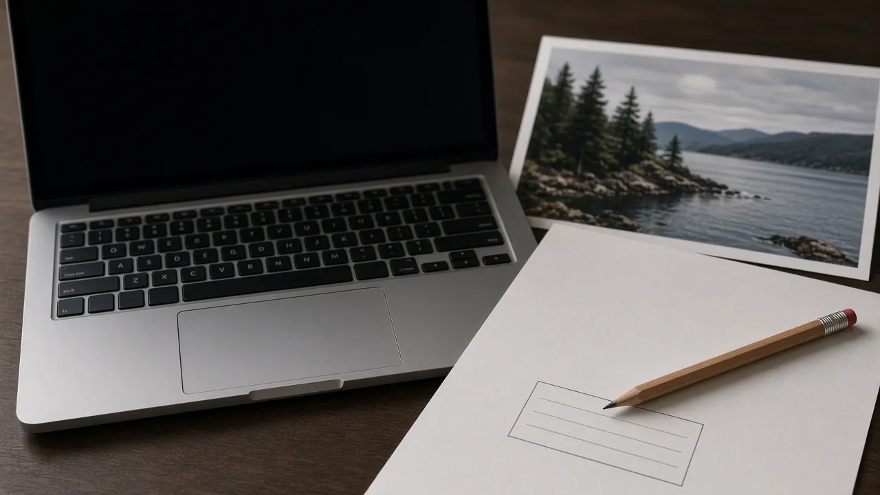 A laptop with a blank screen, a print, and a pencil on a paper note.