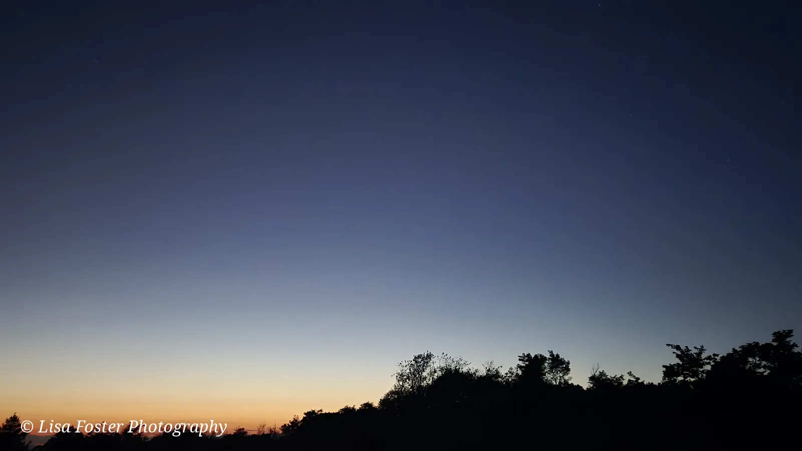 The last orange light fading under a darkening blue sky over the trees