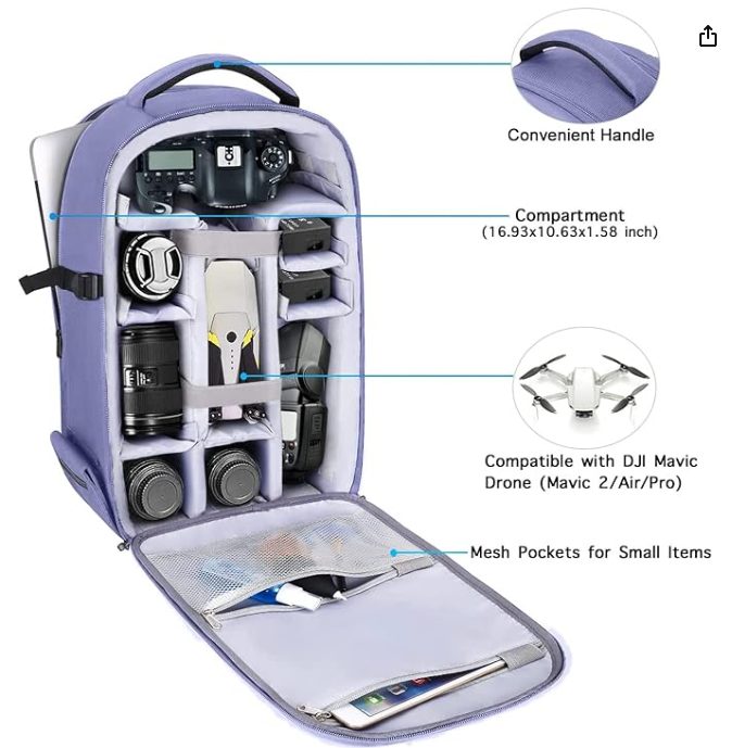 Purple backpack with compartments for camera gear and a drone, mesh pockets for small items. Labeled features highlight storage details.