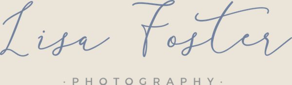 Stylized script text logo reads "Lisa Foster Photography" in blue on black, creating an elegant and artistic look.