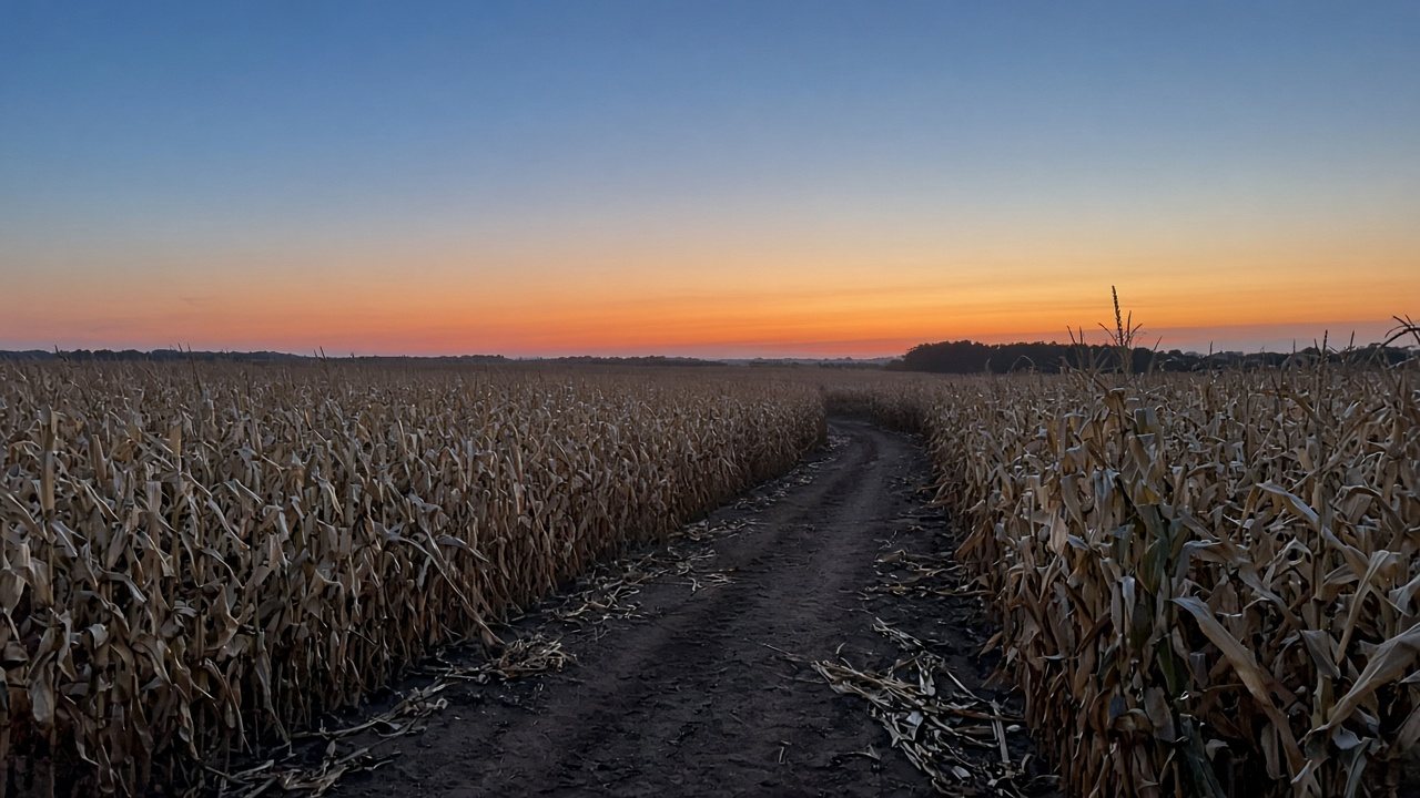 A dirt path through tall corn at dusk