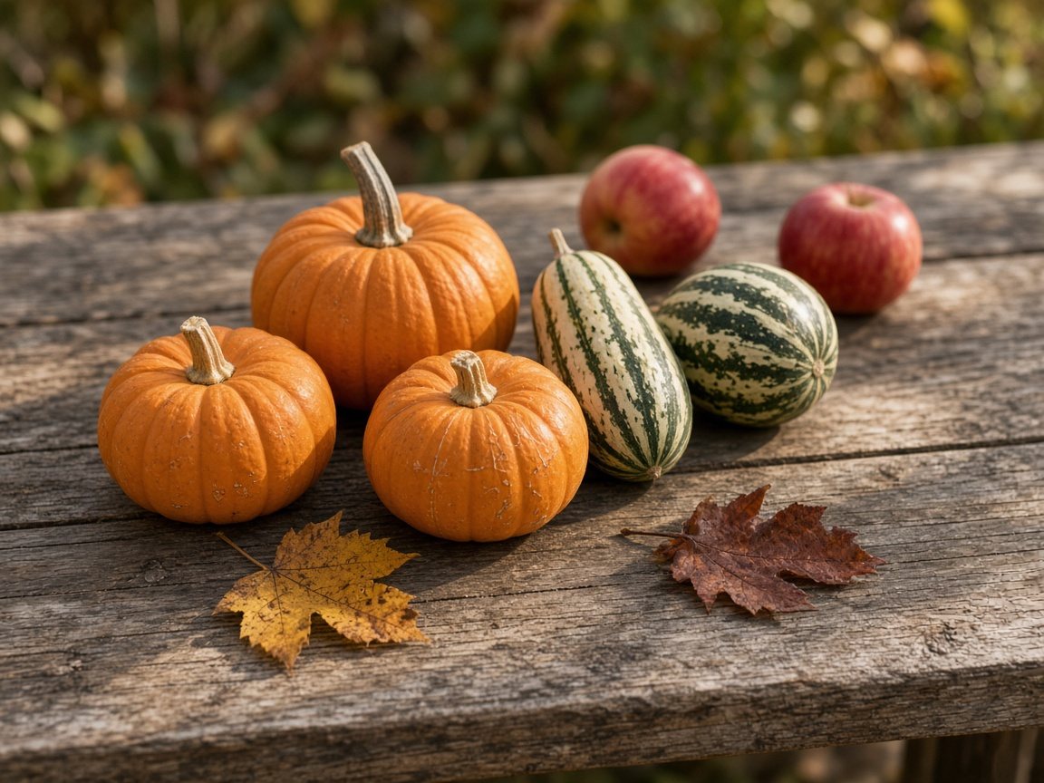 Small pumpkins, striped gourds, and apples on a wooden table