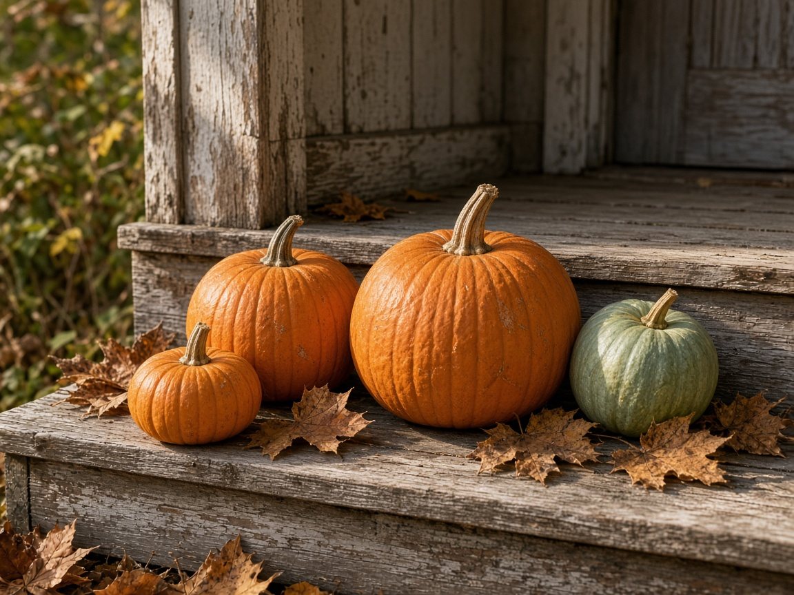 Pumpkins and a pale gourd on a wooden step at dusk