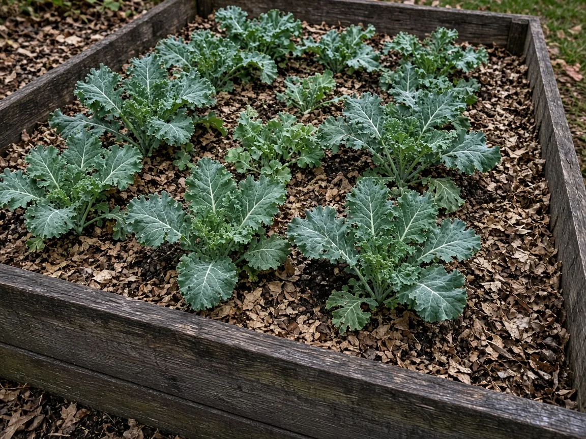 An October vegetable bed with kale and a layer of shredded brown leaves