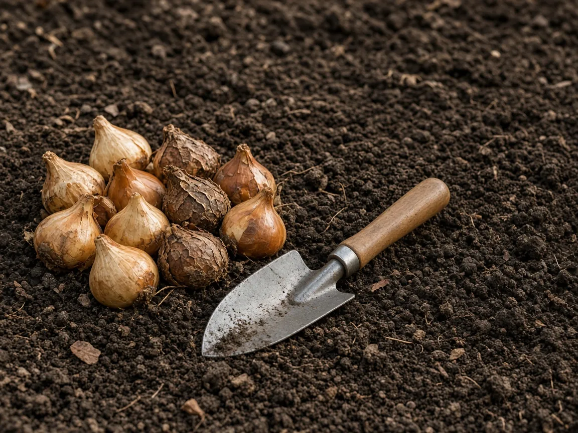 Tulip and daffodil bulbs beside a trowel on dark soil.