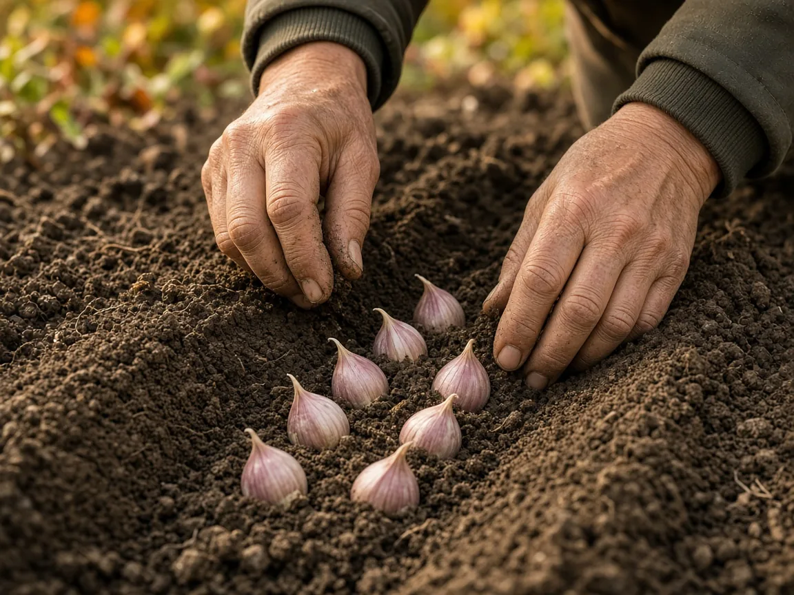 Garlic cloves set in a garden furrow, with a gardener's hands and no face.