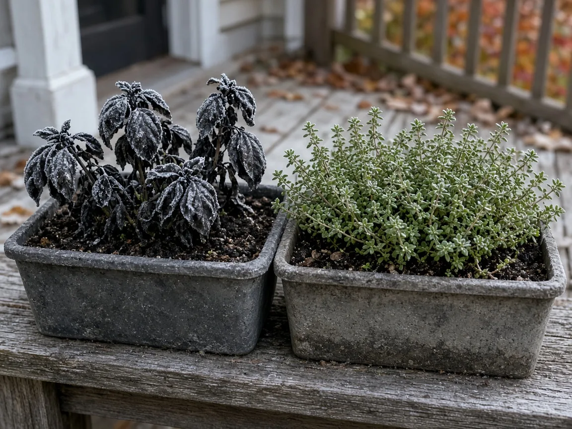 A frost-blackened basil plant beside a still-green thyme plant.