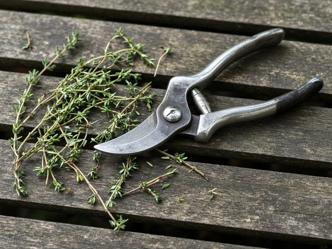 Bypass pruning shears on a wooden bench beside cut stems.