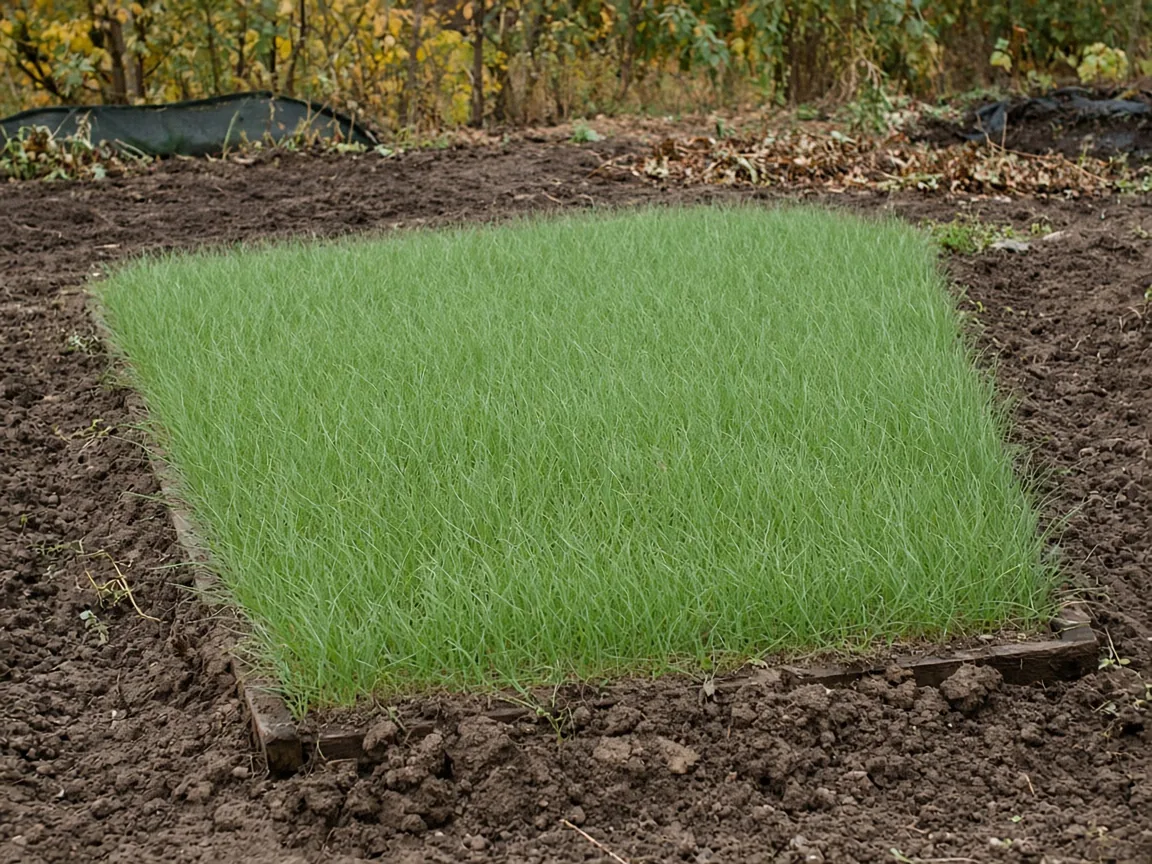 A cleared bed with a thin stand of young rye.