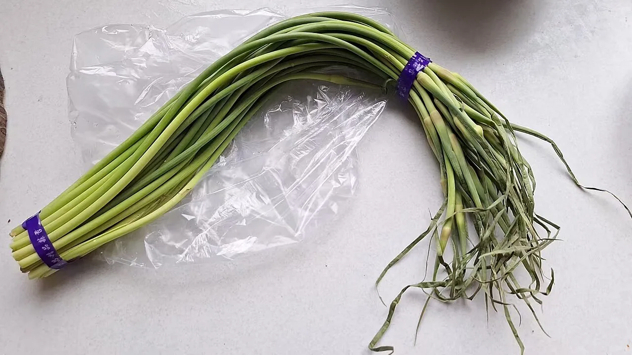A bundle of curly green garlic scapes on a white surface