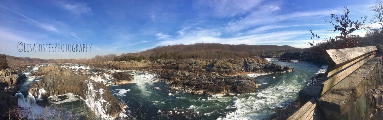 Panorama of Great Falls and the rocky Potomac channel from beside an overlook railing