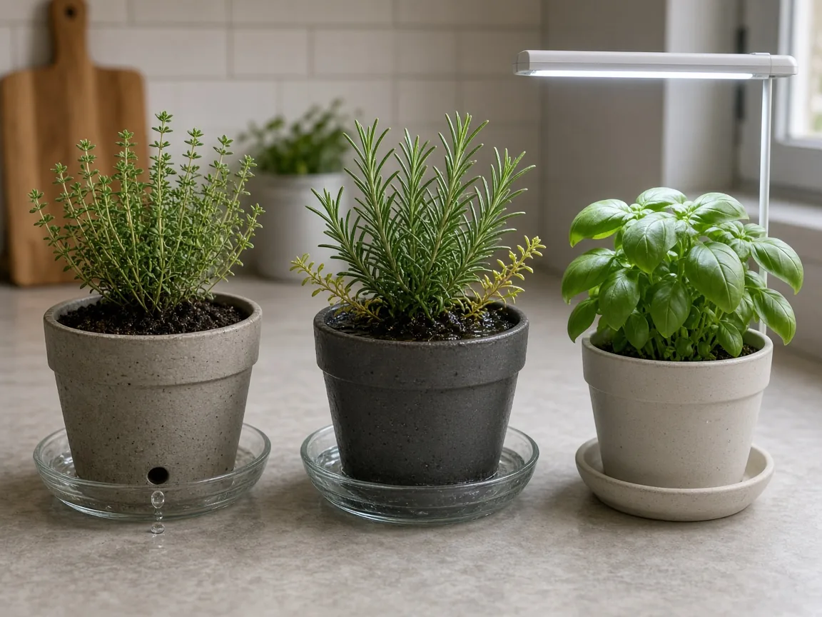 Three winter setups: a thyme pot draining into an empty saucer, a rosemary sitting in a full saucer, and basil under a small grow light