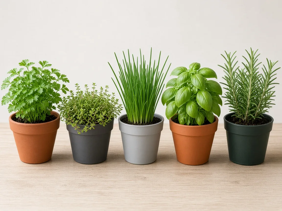 Parsley, thyme, chives, basil, and rosemary in a row, each in its own pot
