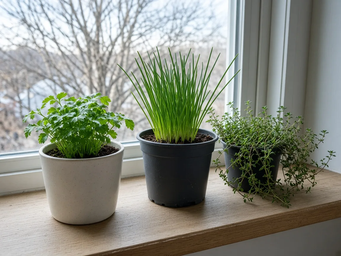 Parsley, chives, and thyme in ordinary pots on a bright winter windowsill