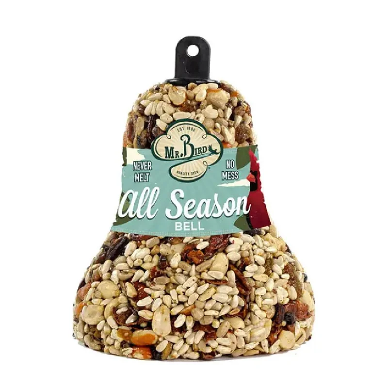 A bell-shaped All Season birdseed bell packed with seeds and nuts.