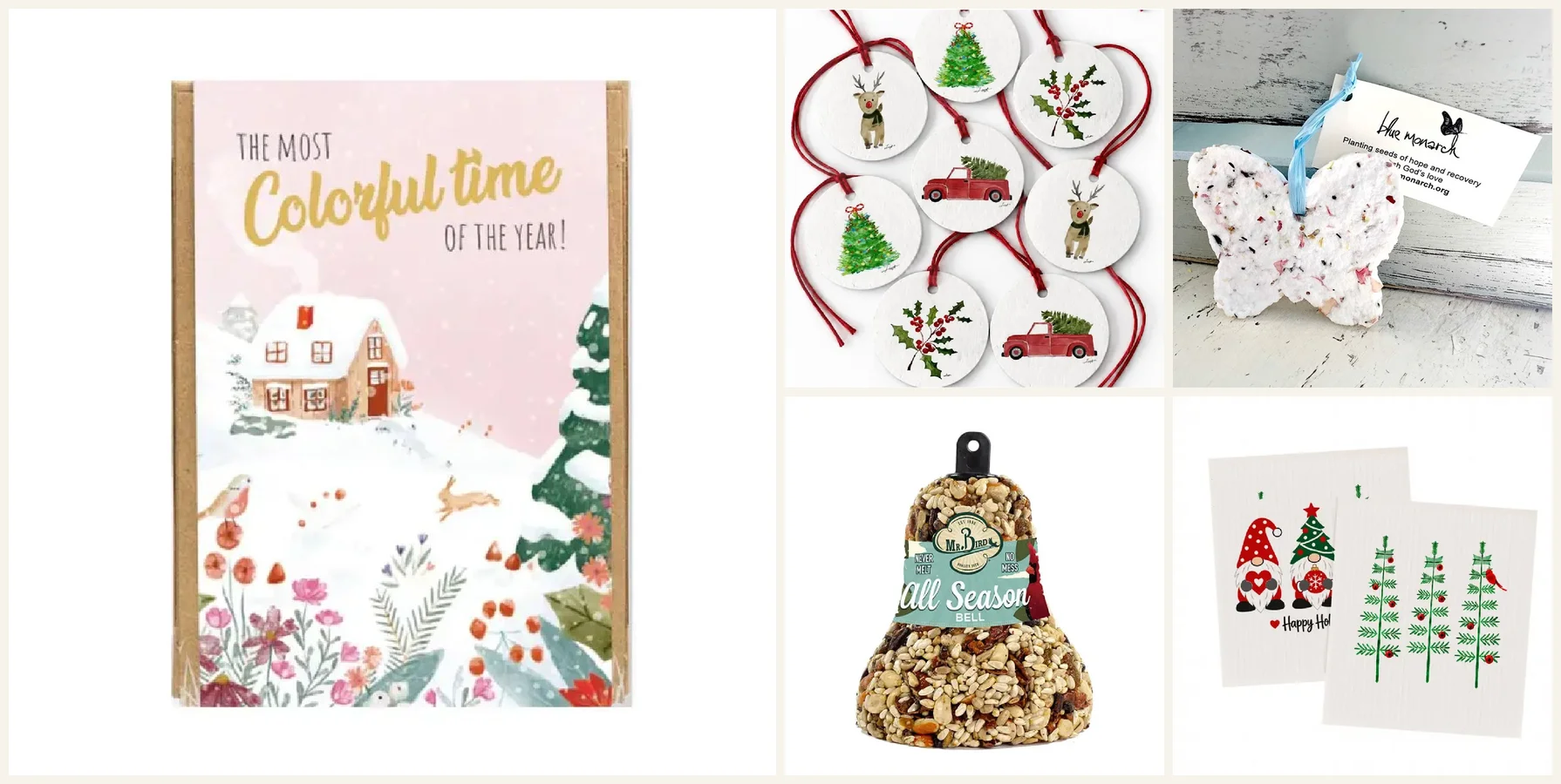 Five gifts from the Foster the Wild holiday shop: a winter seed bomb gift box, round seed-paper gift tags on red string, a butterfly seed ornament, an All Season birdseed bell, and two Swedish dishcloths with gnomes and trees.