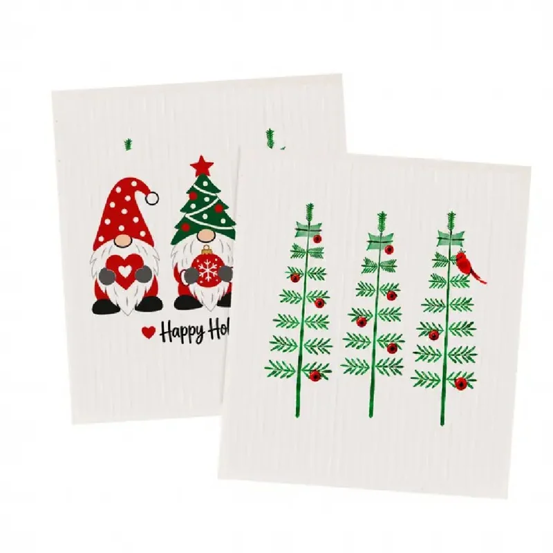 Two Swedish dishcloths, one printed with holiday gnomes and one with Christmas trees.
