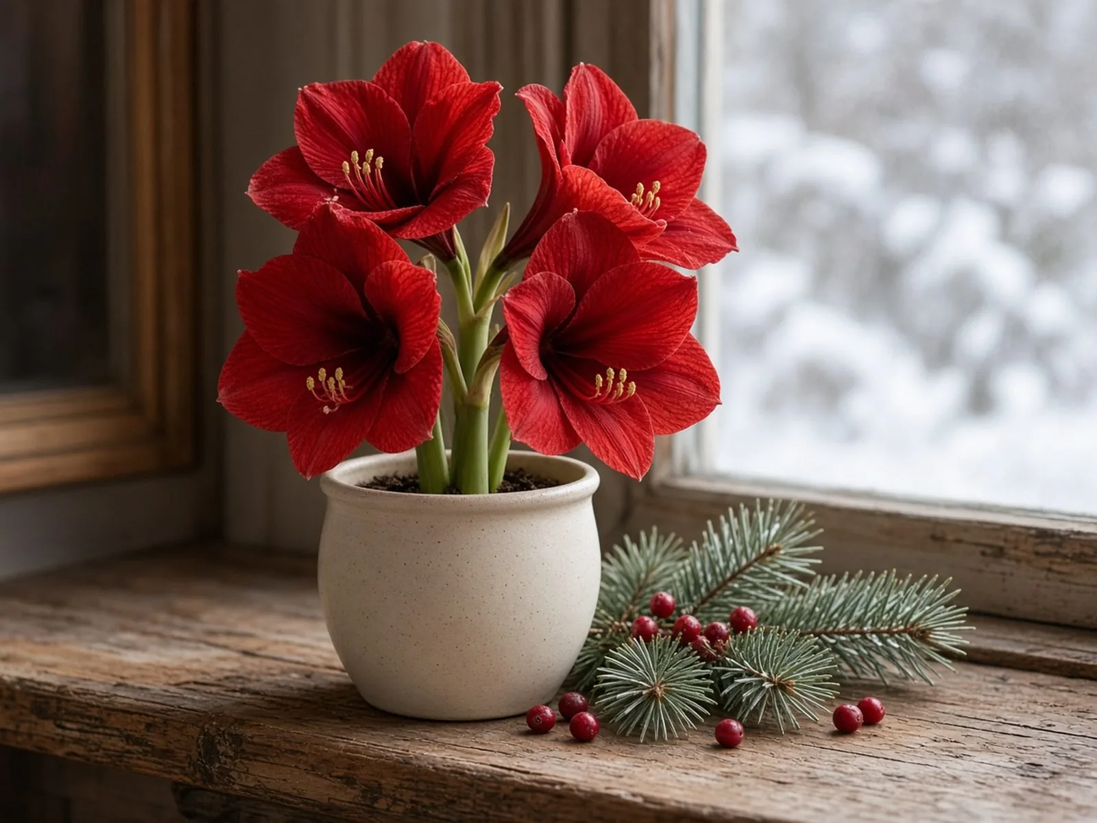 A red amaryllis in bloom on a wooden windowsill with pine and red berries