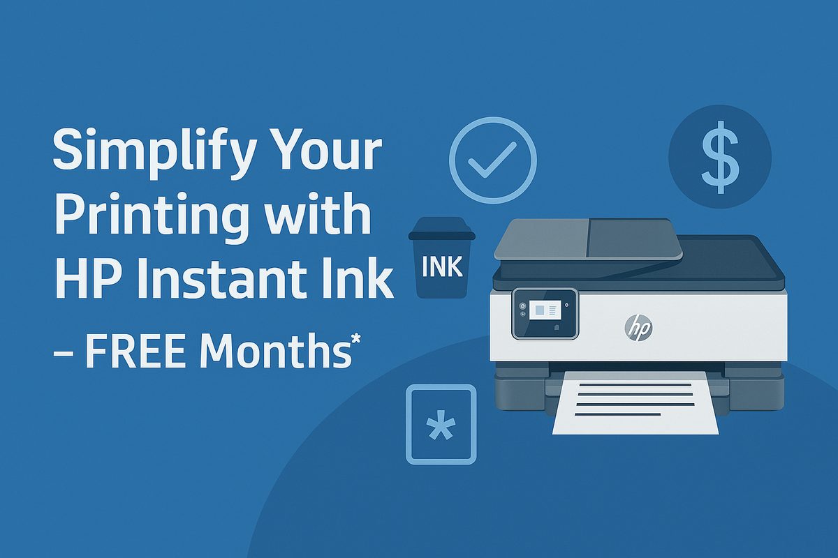 Blue background with printer, checkmark, and dollar symbols. Text promotes HP Instant Ink with "Simplify Your Printing" and "FREE Months."