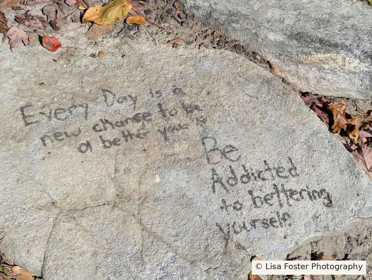 Rock on the trail with handwritten text: Every day is a new chance to be a better you. Be addicted to bettering yourself.