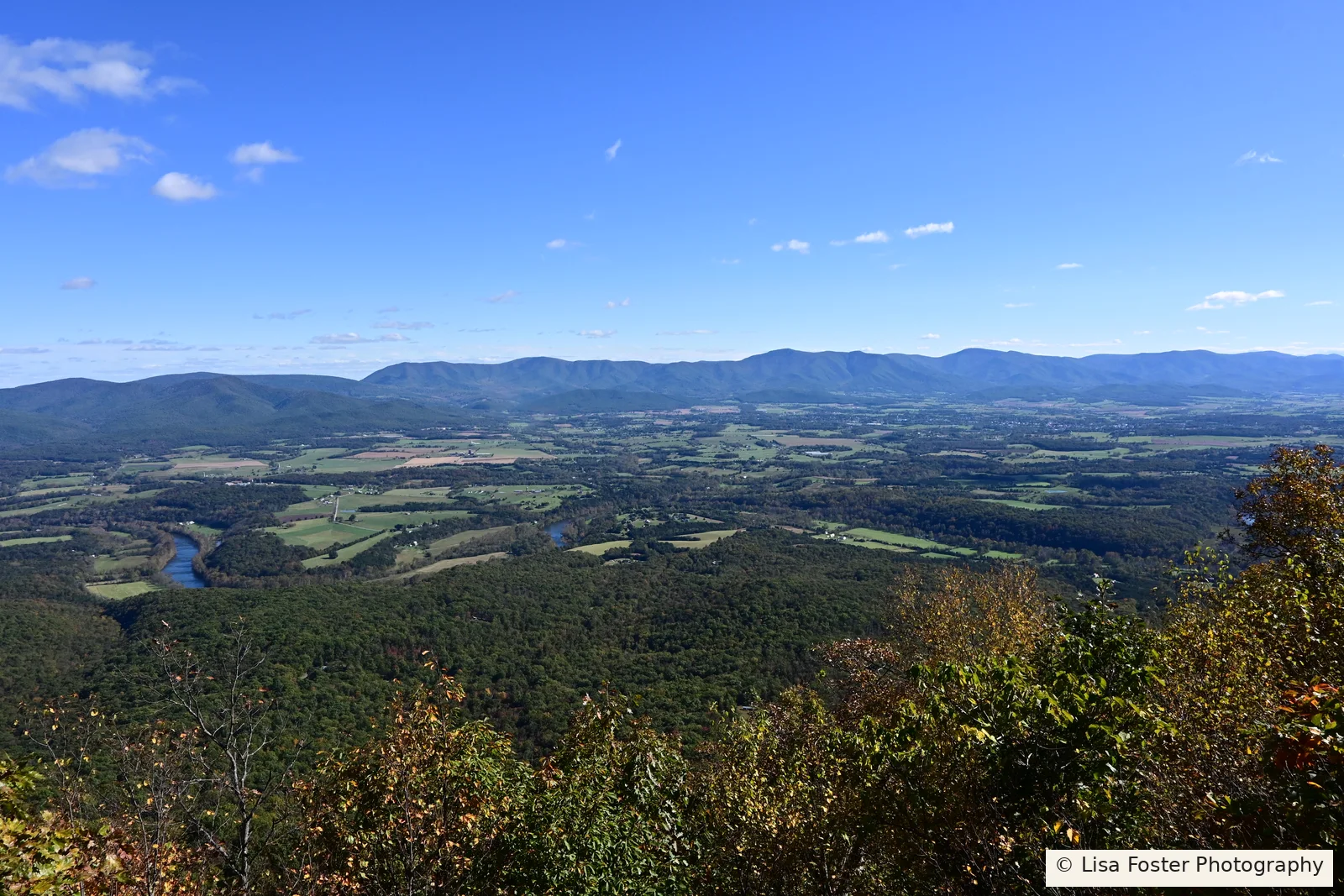 View from the top of the Kennedy Peak lookout: the Shenandoah River bending through Page Valley farmland below the Blue Ridge, with fall color in the foreground.