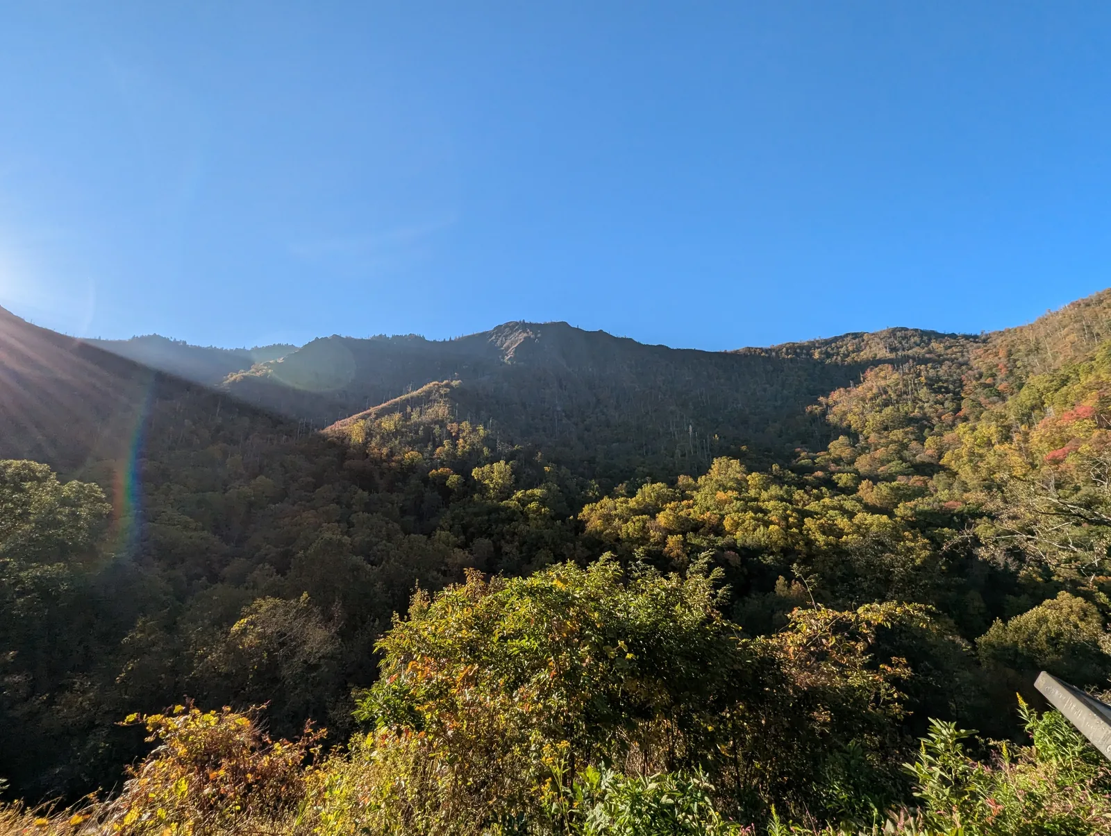 A wooden rail at a roadside overlook, a valley below, and layered blue ridges beyond, with fall color in the foreground