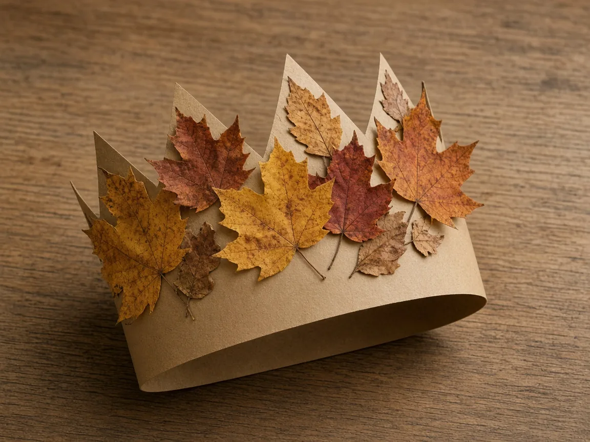 A paper crown covered with autumn leaves, sitting on a table.