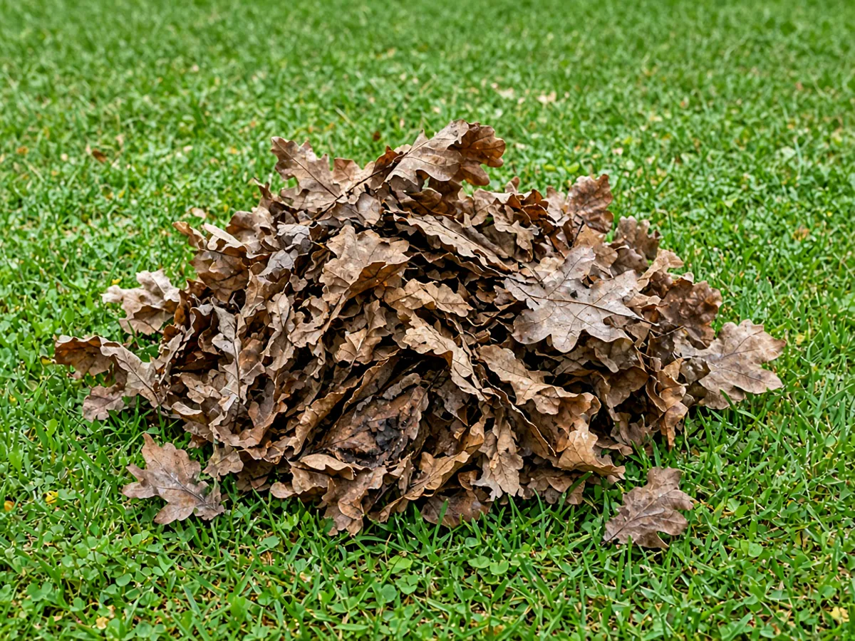 A loose pile of whole dry oak leaves on green grass
