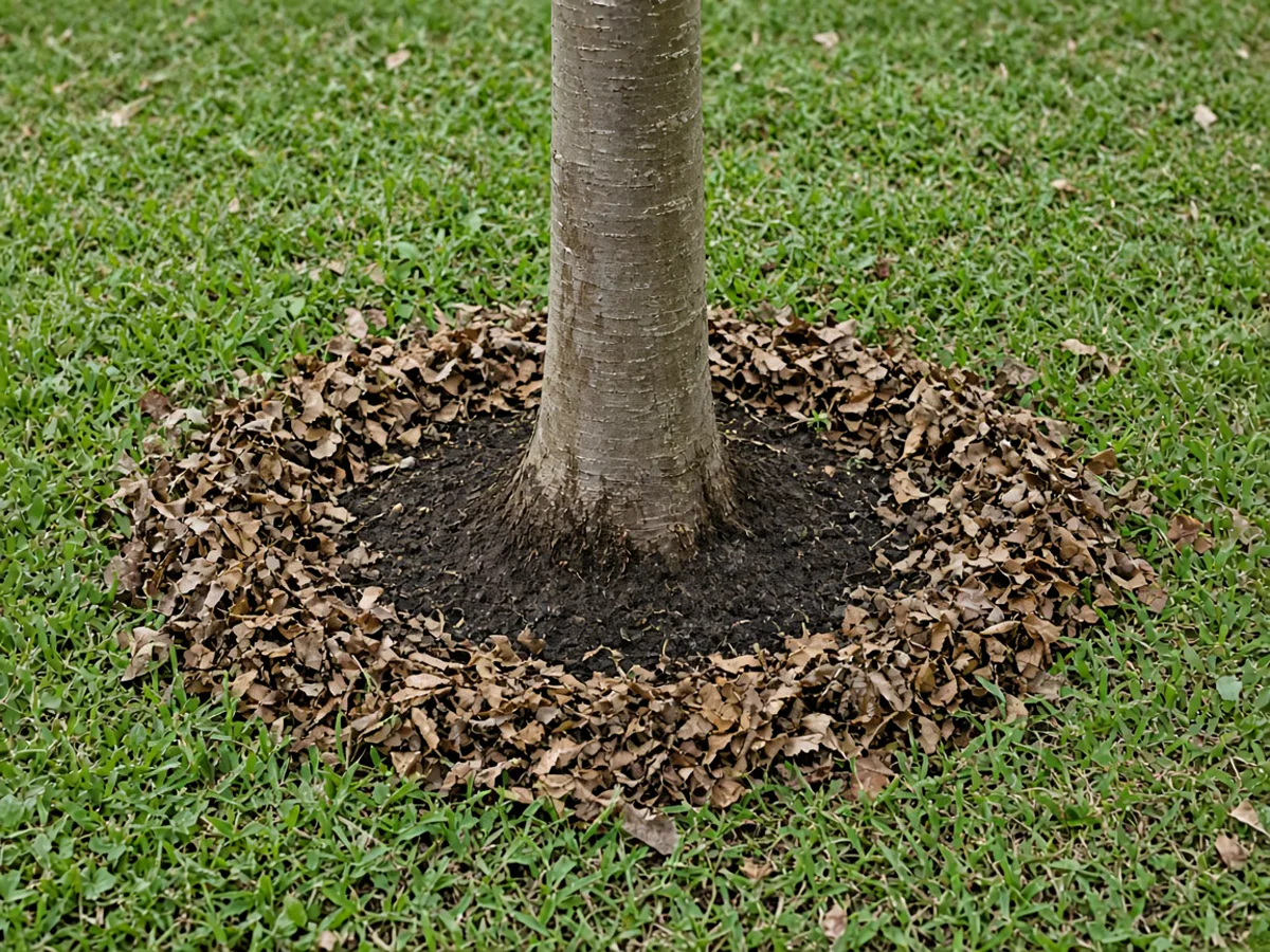 The base of a tree with the root flare bare and shredded leaves held back from the bark