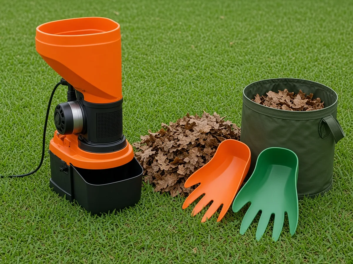 An electric leaf mulcher, a pair of leaf scoops, and an open garden bag on green grass beside a pile of dry oak leaves