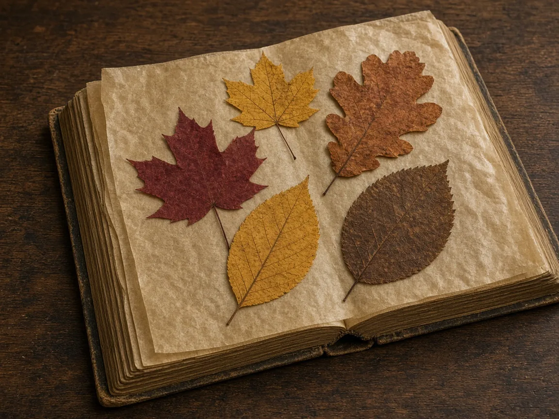 Pressed leaves inside a heavy book with wax paper.