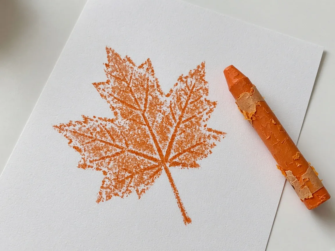 A crayon rubbing of a maple leaf on white paper.