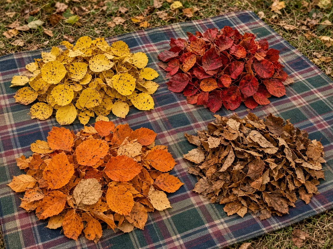 Four piles of autumn leaves on a blanket.