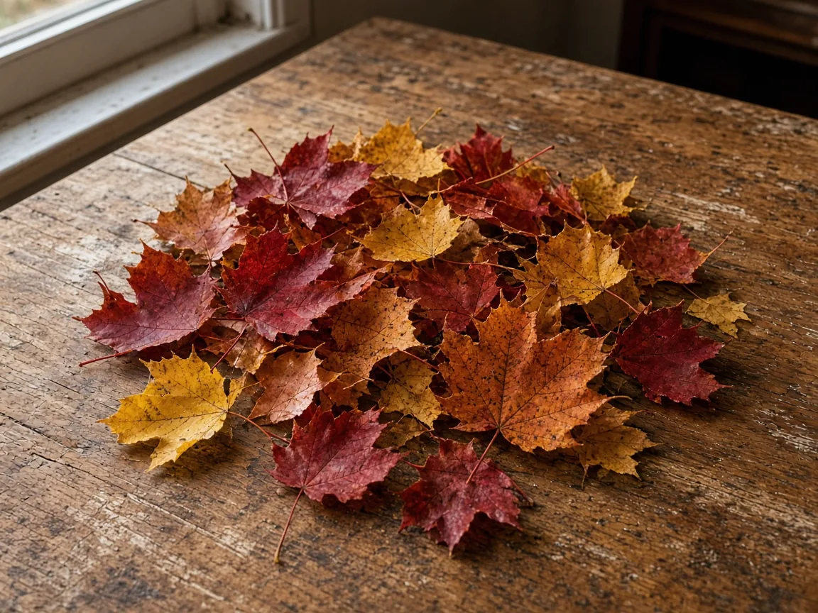 Red, orange, and yellow autumn leaves spread on a worn wooden table in window light
