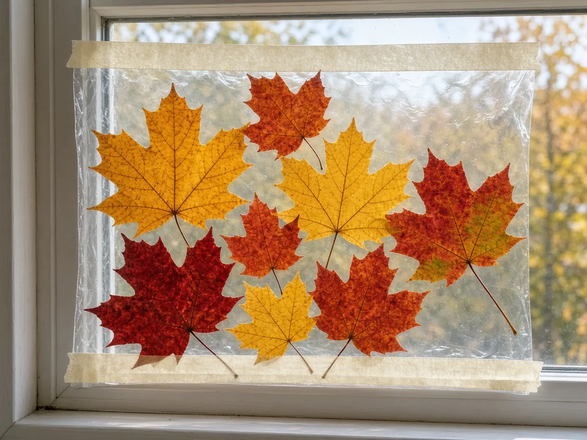 Leaves sealed in clear film and hung in a sunny window.
