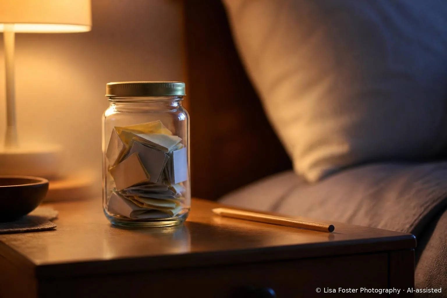 A small glass jar filled with folded paper slips on a nightstand beside a pencil