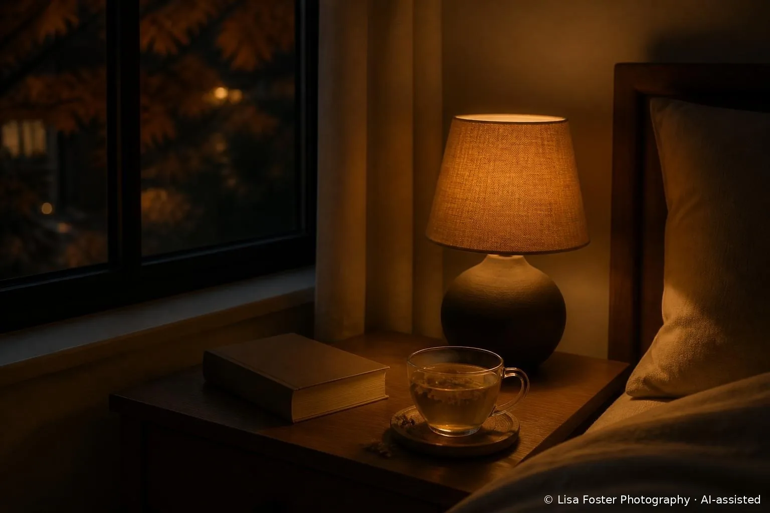 A bedside table with a warm lamp, a closed book and a glass cup of herbal tea beside a window with autumn leaves outside
