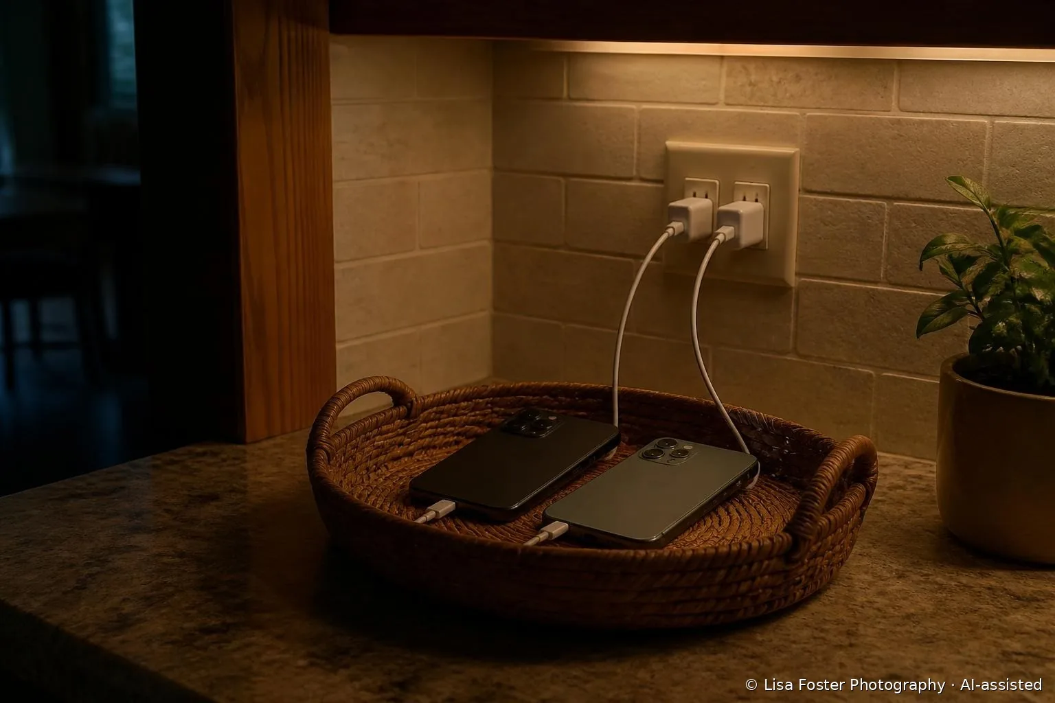 Two smartphones face-down in a woven basket charging on a kitchen counter at night