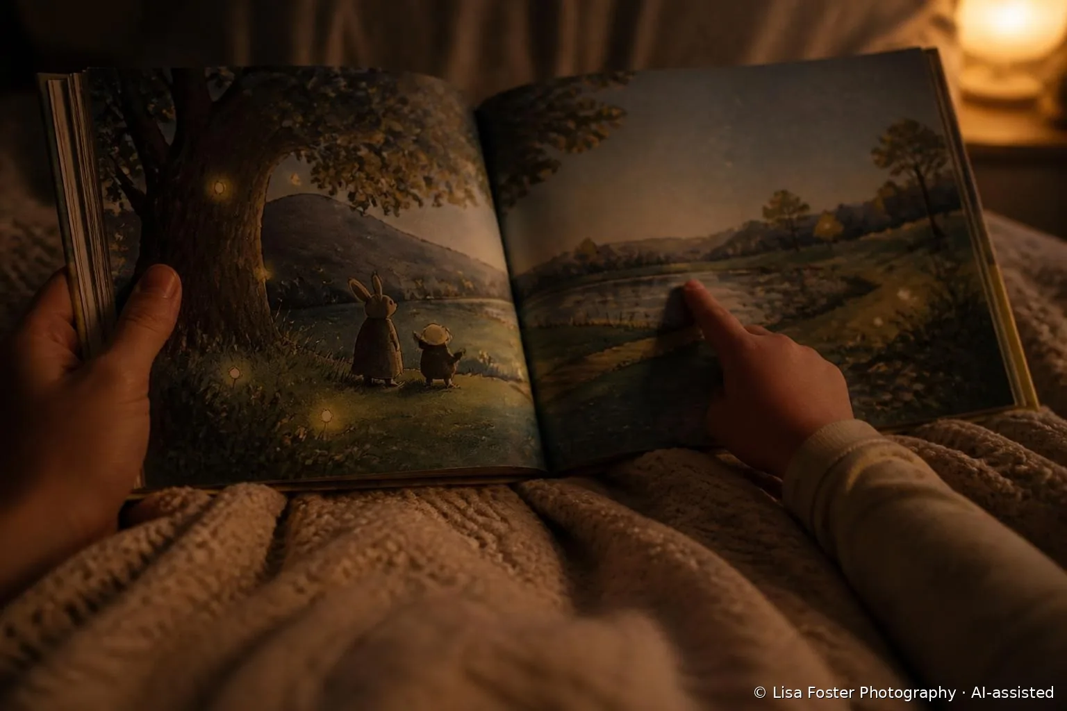 An adult's and a child's hands holding an open picture book under a knit blanket in warm lamp light