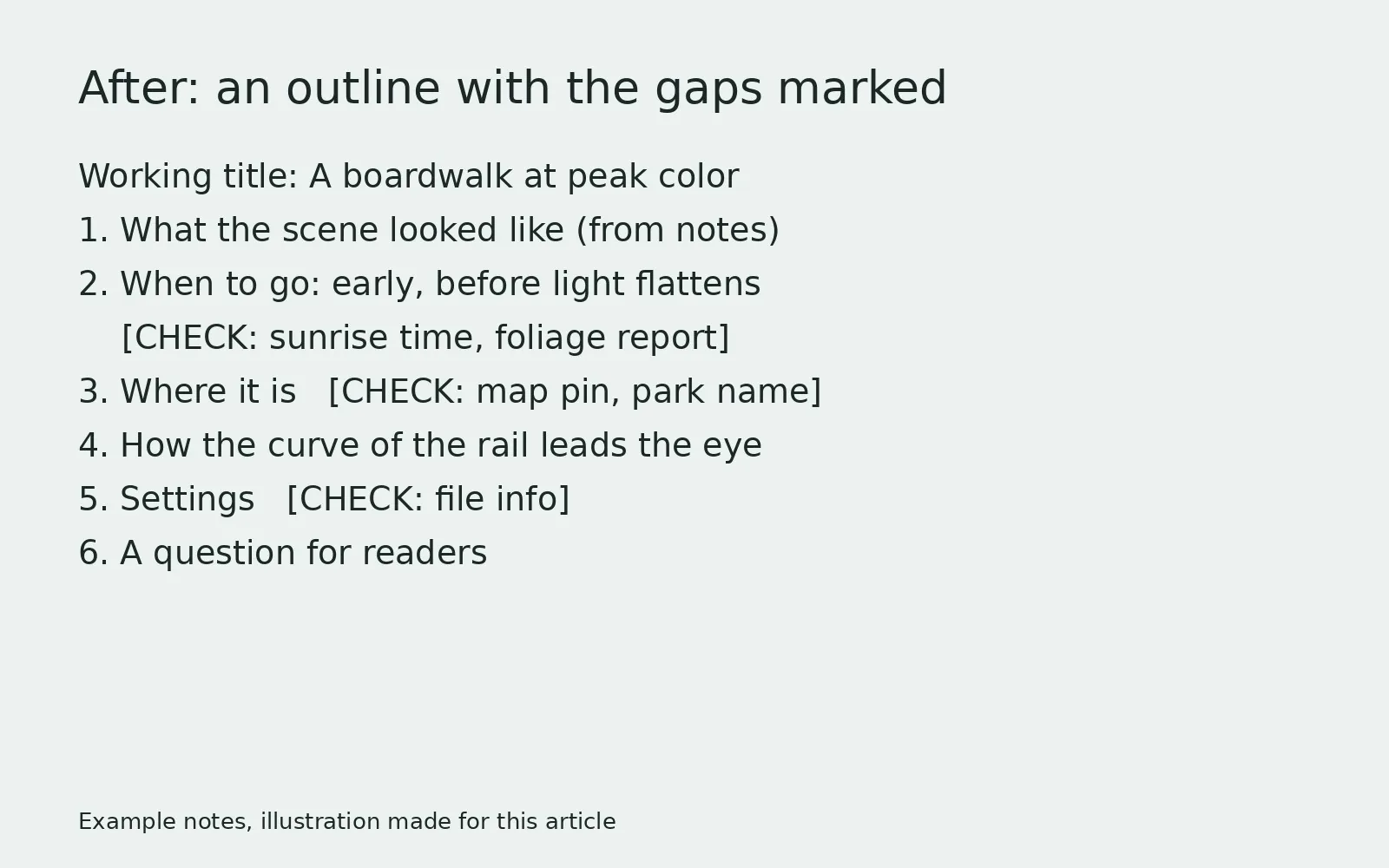 Example outline built from the notes, with sections and CHECK markers for sunrise time, place name and camera settings