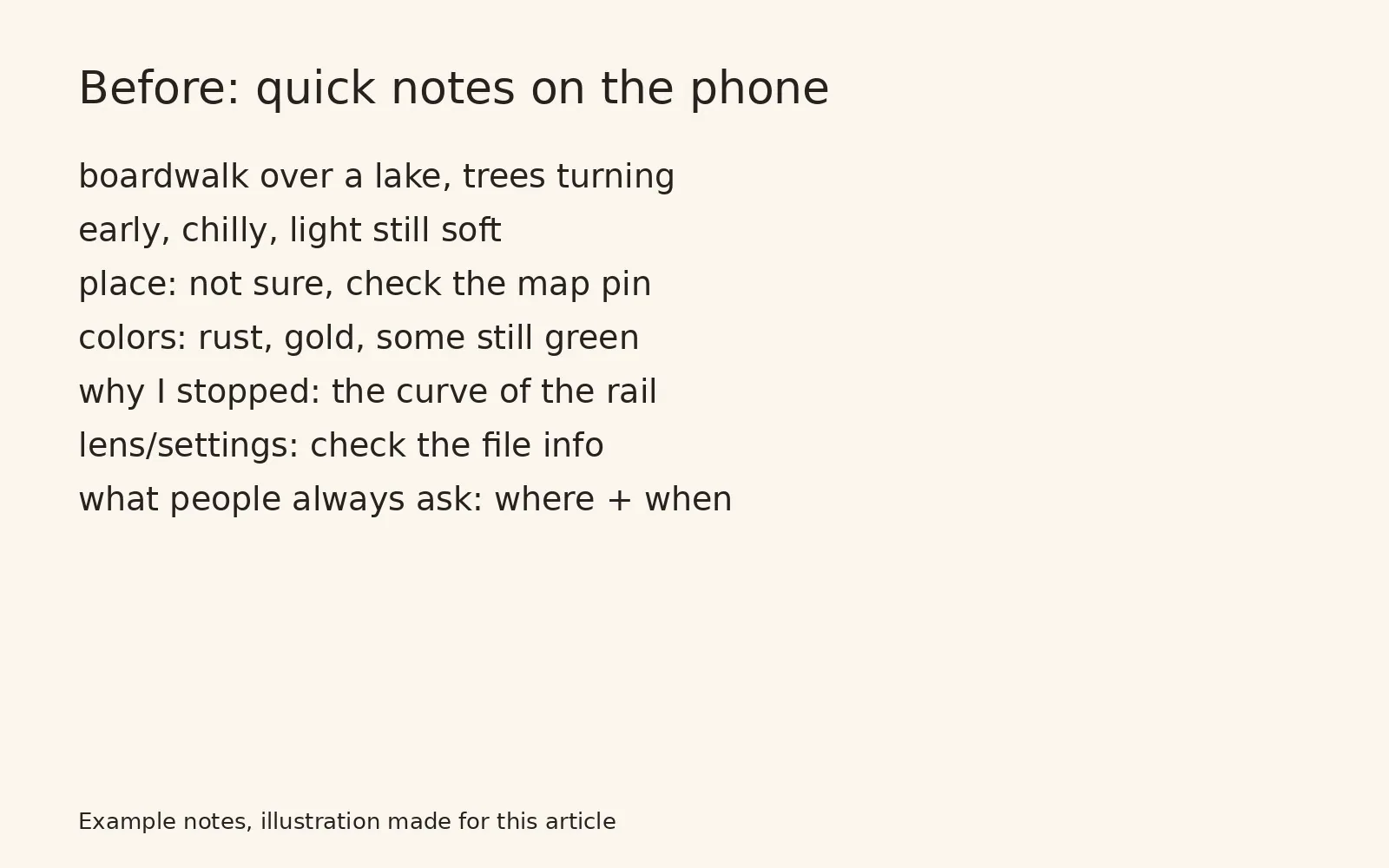 Example handwritten-style notes about a boardwalk photo, listing the scene, time of day and unknowns to check