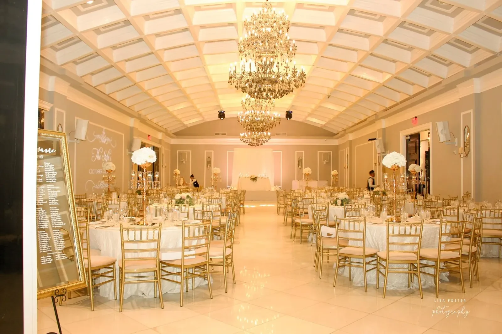 Wedding reception ballroom with chandeliers