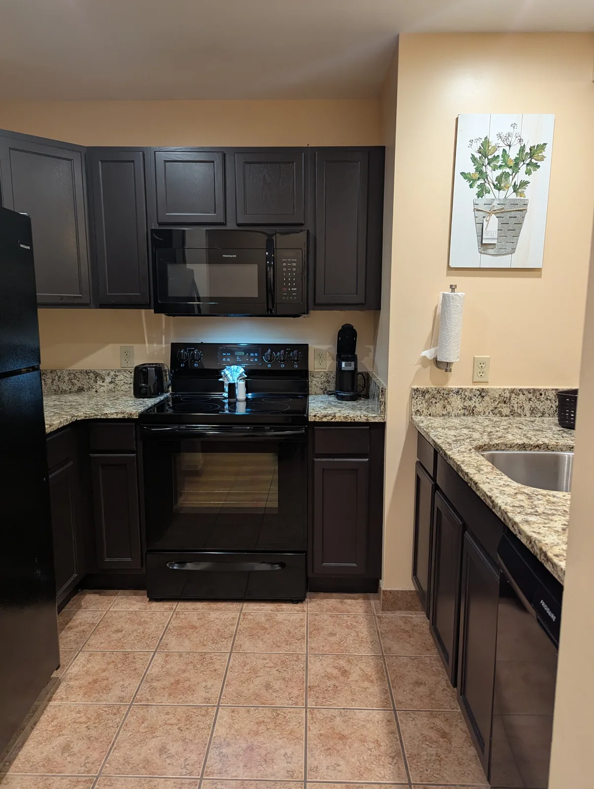 A kitchen with dark cabinets, granite counters, a black stove, a microwave, a refrigerator and a sink