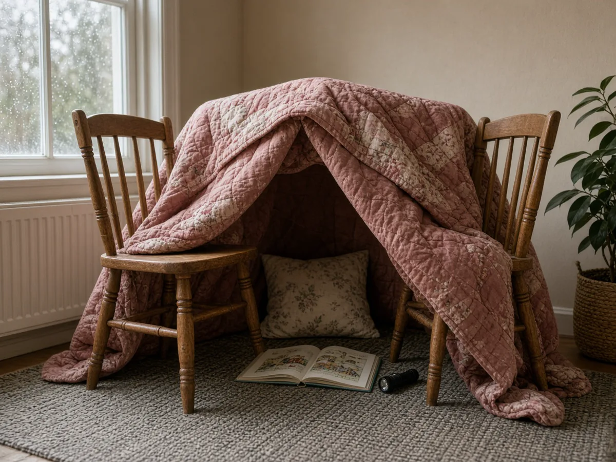 Two wooden chairs with a rose quilt draped between them, a pillow, an open book, and a flashlight on the rug