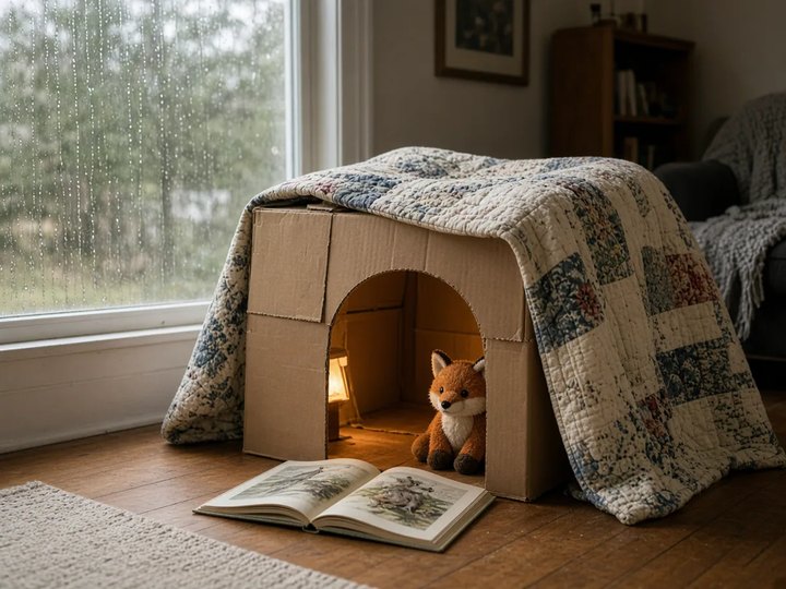 A cardboard box fort under a patchwork quilt, with a stuffed fox and a small lantern beside a rainy window