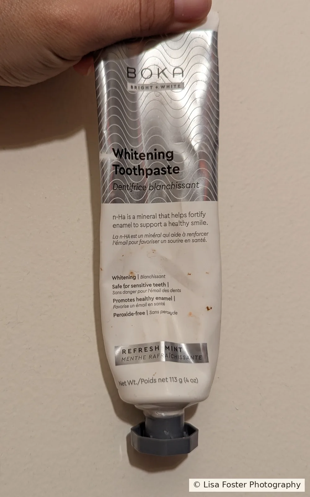 Boka Bright + White whitening toothpaste, Refresh Mint, in a silver tube.