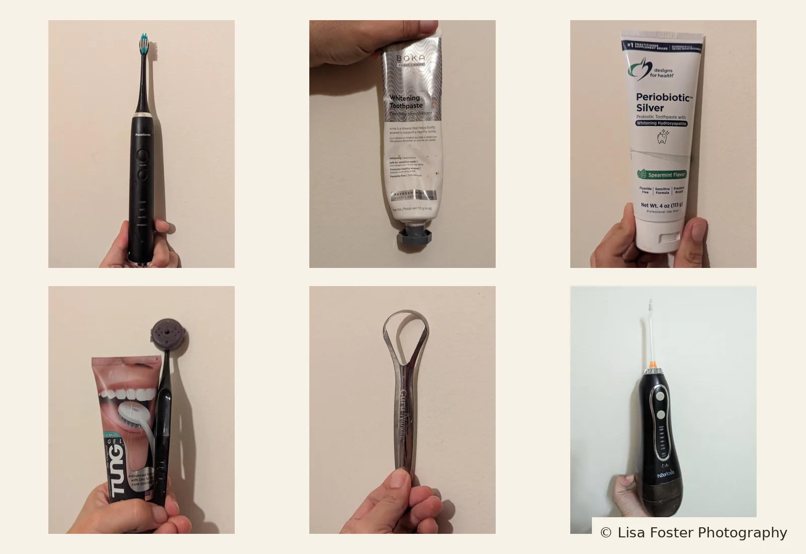 Lisa's AquaSonic brush, Boka and Periobiotic toothpastes, Tung gel and brush, GuruNanda scraper, and cordless H2ofloss arranged together